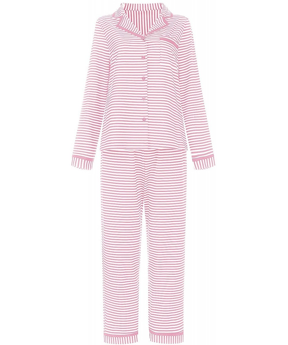 Sets Women Pajamas Set Long Sleeve Sleepwear Button Down Pjs Loungewear Sets - Stripe-pink - CM18A2S9ISO