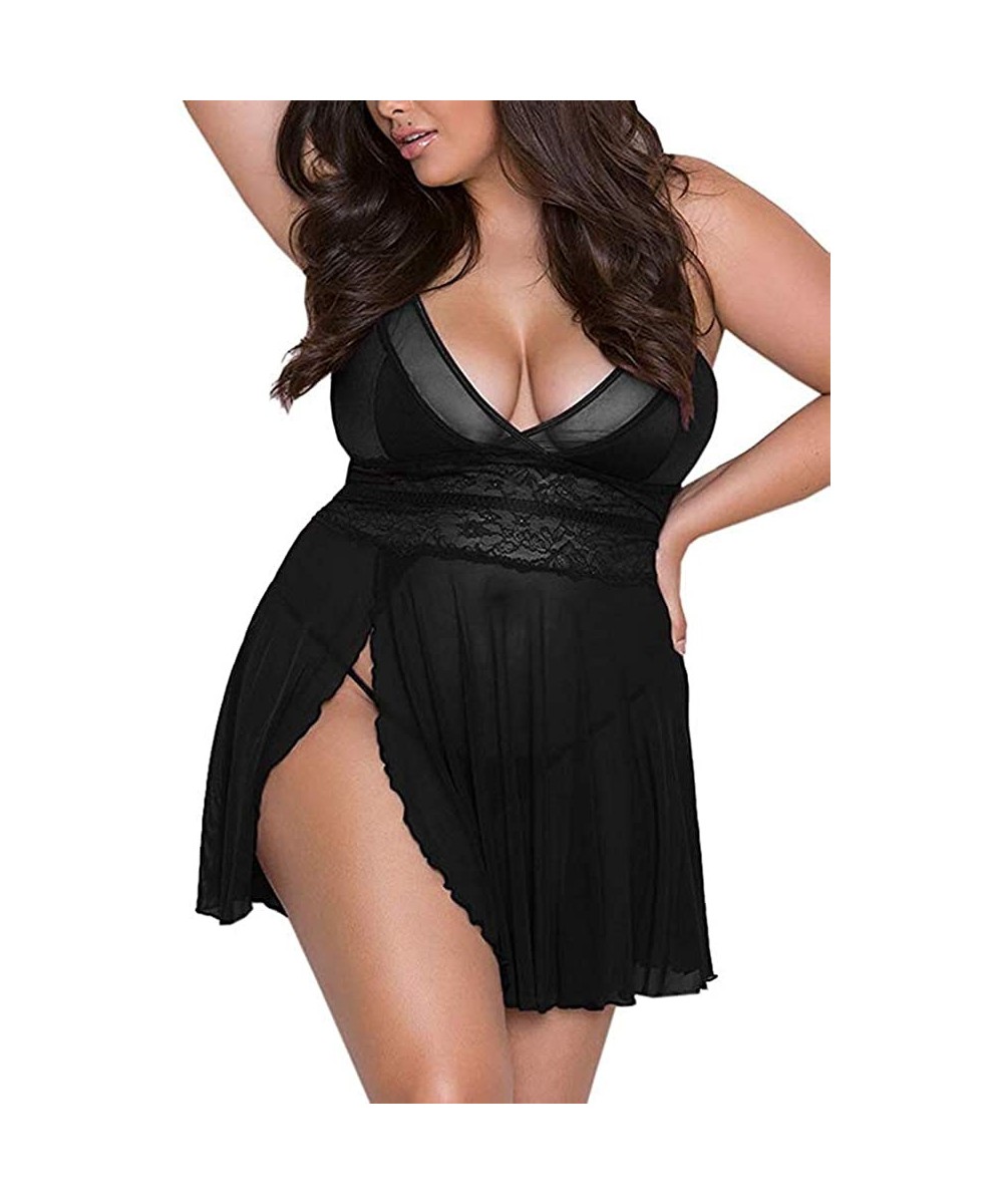 Baby Dolls & Chemises Lingerie for Women Babydoll Sleepwear Set V-Neck Lace Mesh Front Slit Plus Size Chemise - Black - CN18Q...