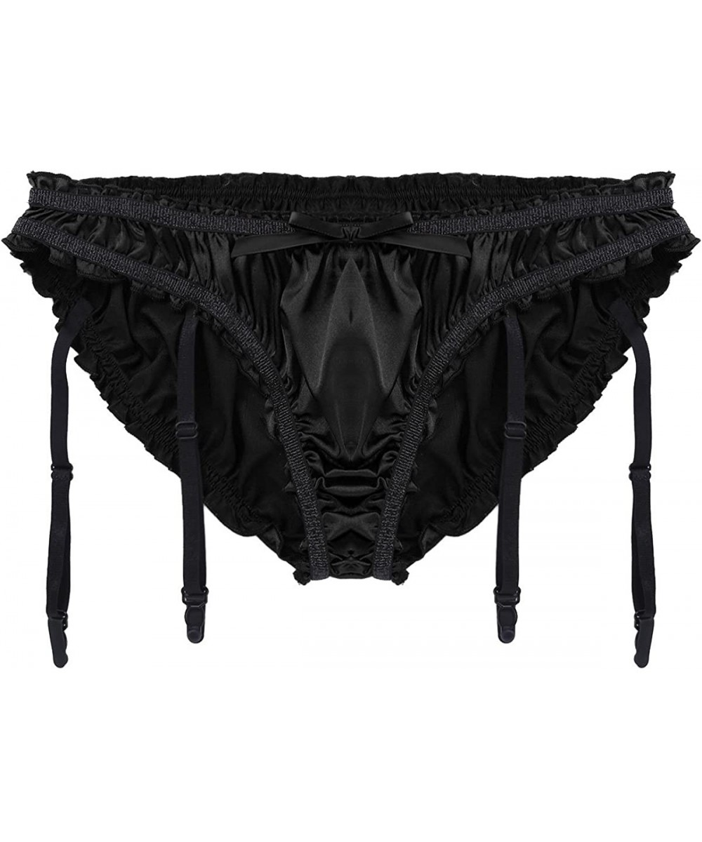 Briefs Men's Sissy Satin Ruffled Garter Belt Panties Girly Pouch Thong Bikini Briefs Crossdress Underwear - Black - C718QWHONG0