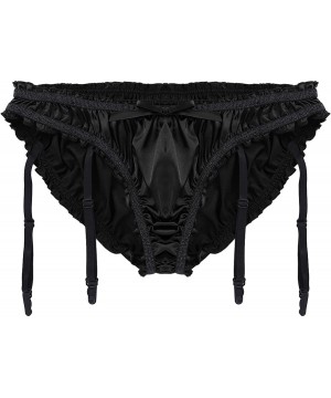 Briefs Men's Sissy Satin Ruffled Garter Belt Panties Girly Pouch Thong Bikini Briefs Crossdress Underwear - Black - C718QWHONG0