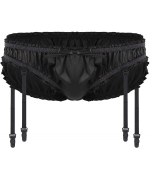 Briefs Men's Sissy Satin Ruffled Garter Belt Panties Girly Pouch Thong Bikini Briefs Crossdress Underwear - Black - C718QWHONG0