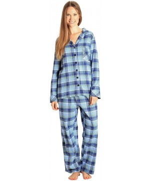 Sets Sleepwear Womens Flannel Pajamas- Long 100% Cotton Pj Set - Blue Plaid - CT187WT3ID3