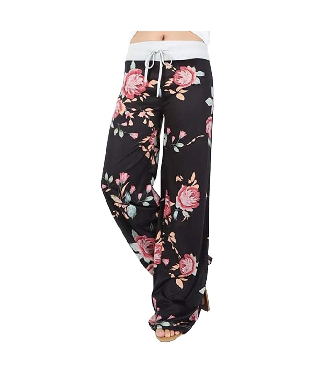 Bottoms Women's Comfy Pajama Pants Floral Print High Waist Drawstring Pants Wide Leg Pants Lounge Sleepwear - Black - CK198XO...