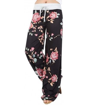 Bottoms Women's Comfy Pajama Pants Floral Print High Waist Drawstring Pants Wide Leg Pants Lounge Sleepwear - Black - CK198XO...