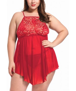 Baby Dolls & Chemises Plus Size Lingerie for Women Sexy Babydoll Lace Up Halter Chemise Sleepwear - Red - CC1920TQL09