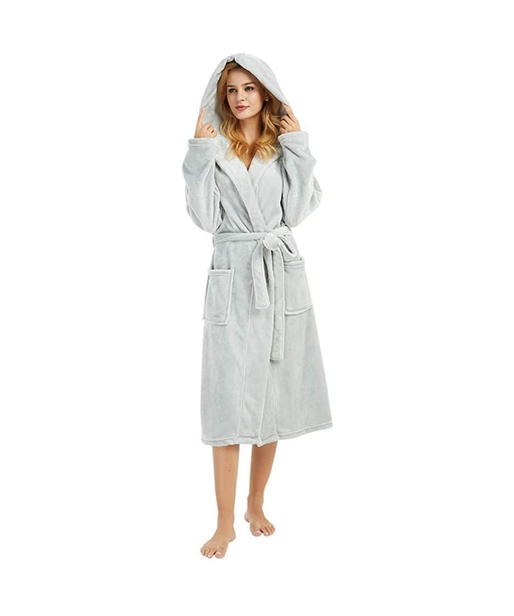 Robes Womens Soft Plush Flannel Robes Long Hooded Bathrobes- Plus Size Big and Tall- S-5XL - Gray - CD18LYG5H9D