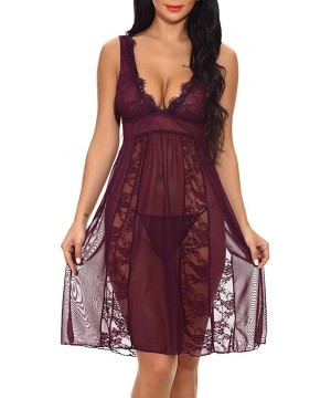 Accessories Sexy Women Long Lace Lingerie Nightdress G-String Sheer Gown Chemise - Purple - C818NZDQ99N