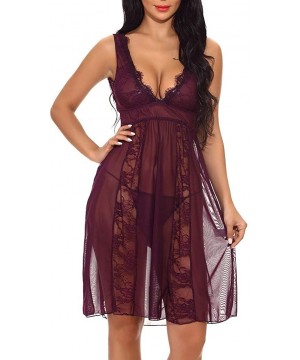 Accessories Sexy Women Long Lace Lingerie Nightdress G-String Sheer Gown Chemise - Purple - C818NZDQ99N