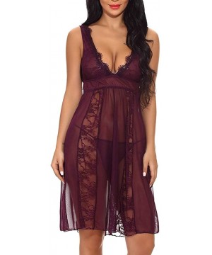 Accessories Sexy Women Long Lace Lingerie Nightdress G-String Sheer Gown Chemise - Purple - C818NZDQ99N