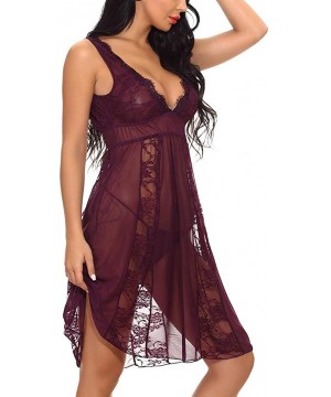 Accessories Sexy Women Long Lace Lingerie Nightdress G-String Sheer Gown Chemise - Purple - C818NZDQ99N