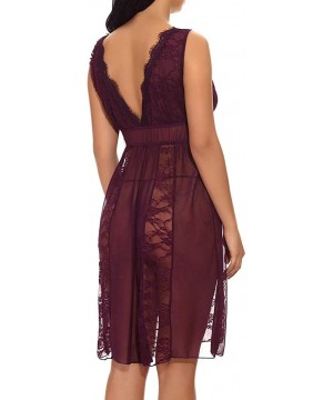 Accessories Sexy Women Long Lace Lingerie Nightdress G-String Sheer Gown Chemise - Purple - C818NZDQ99N