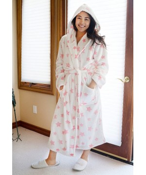 Robes Women's Plush Kimono Bathrobe with Pockets - White Background Pink Star - C312LEP89FJ