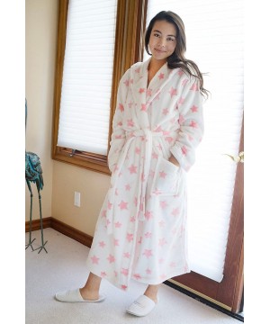 Robes Women's Plush Kimono Bathrobe with Pockets - White Background Pink Star - C312LEP89FJ