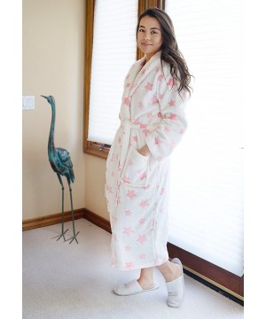 Robes Women's Plush Kimono Bathrobe with Pockets - White Background Pink Star - C312LEP89FJ