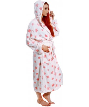 Robes Women's Plush Kimono Bathrobe with Pockets - White Background Pink Star - C312LEP89FJ