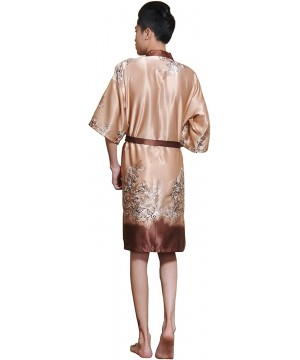 Robes Men's Kimono Collar Printed Satin Bathrobe Robe - 6 - C911KFXLFFX