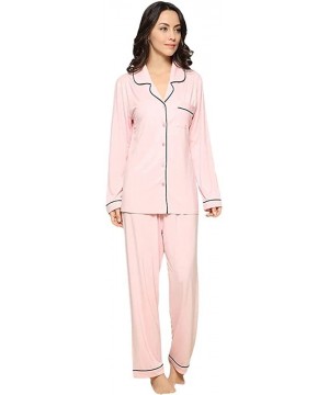 Sets Women Natural Bamboo Modal Knitting Plus Size Pajama Set with Long Pant Sleepwear Loungewear - Navy Blue - CV18ECZ7W8T