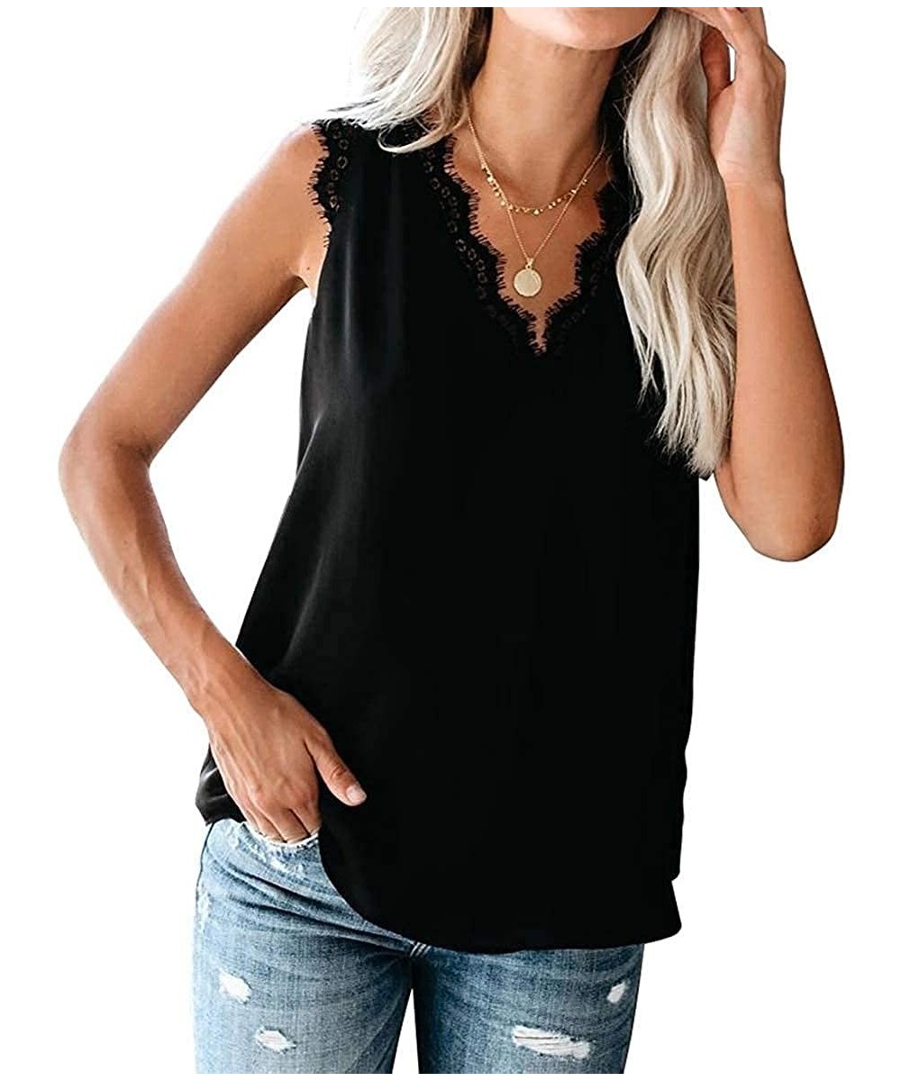 Camisoles & Tanks Dressy Lace Cami Tank Tops Fashion Eyelash Satin Camisole - Black - CM1903I8I23