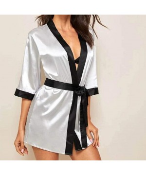 Bras New Womens Lace Silk Long Sleeve Satin Pajamas Robe with Belt Bathrobe Underwear Pajamas(XXX-Large-Gray-C) - C71938C09TW