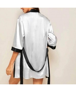 Bras New Womens Lace Silk Long Sleeve Satin Pajamas Robe with Belt Bathrobe Underwear Pajamas(XXX-Large-Gray-C) - C71938C09TW