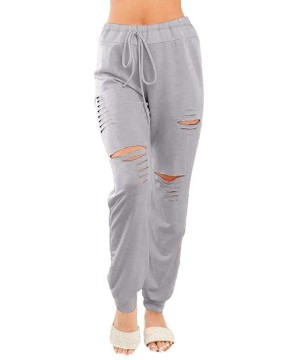 Bottoms Women Casual Loose Pajama Ripped Hole Elastic Waist Jogger Pant - Grey - C219D8U3EMY