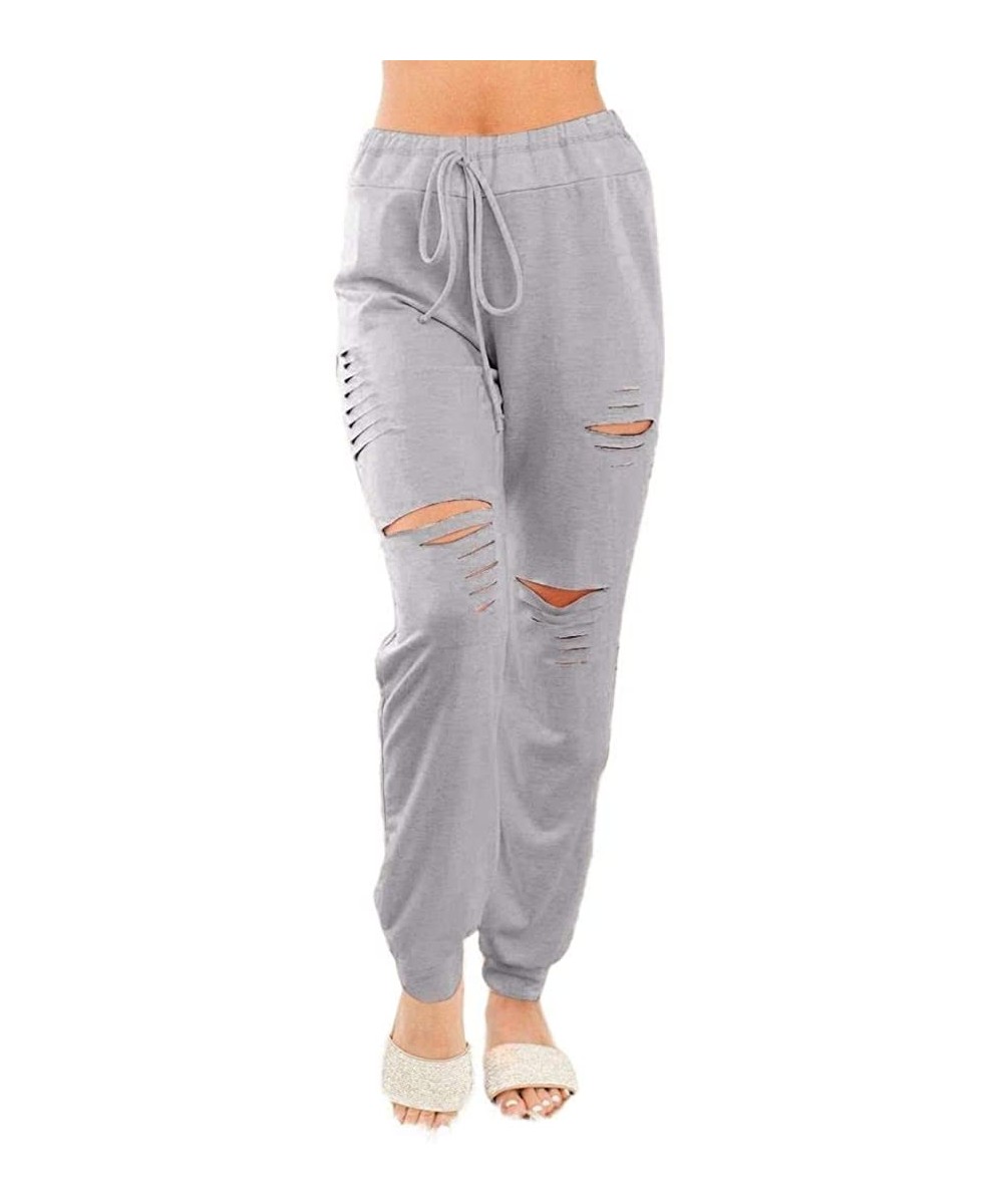 Bottoms Women Casual Loose Pajama Ripped Hole Elastic Waist Jogger Pant - Grey - C219D8U3EMY