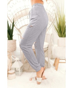 Bottoms Women Casual Loose Pajama Ripped Hole Elastic Waist Jogger Pant - Grey - C219D8U3EMY