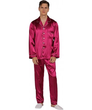 Sleep Sets Mens Satin Pajamas Set Classic Sleepwear Loungewear - Wine Red - C118NW6ECOA