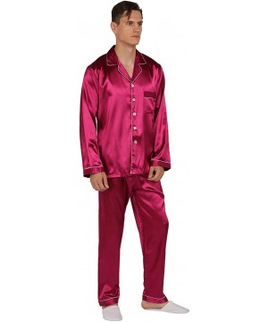 Sleep Sets Mens Satin Pajamas Set Classic Sleepwear Loungewear - Wine Red - C118NW6ECOA