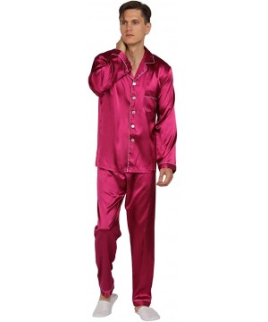 Sleep Sets Mens Satin Pajamas Set Classic Sleepwear Loungewear - Wine Red - C118NW6ECOA