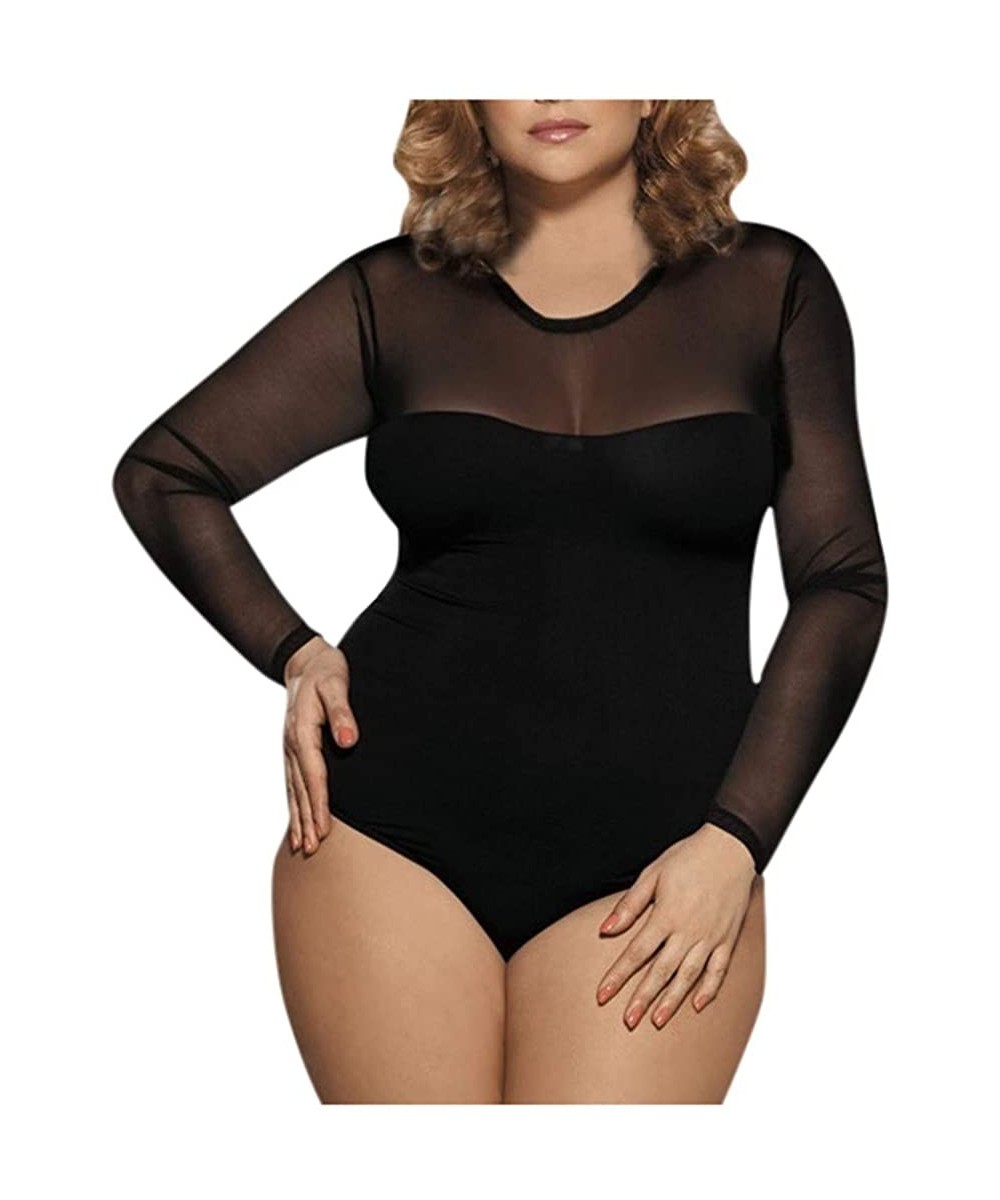 Nightgowns & Sleepshirts Women Plus Size Lingerie Long Sleeve O Neck One Piece Bodysuit Sleepwear Nightwear Sheer Mesh Leotar...