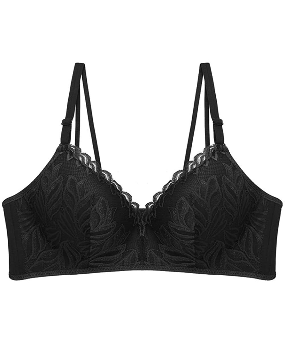 Bras Women Lace Wireless Bra Floral Wire Free Deep-V Lace Bra Lingerie Underwear - Black - C518TDYY2IE