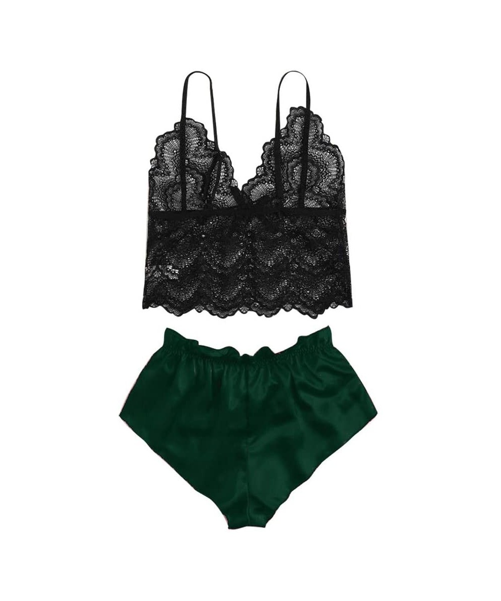 Sets Women's Lace Cami Top with Shorts with Panties 2 Piece Set Sexy Lingerie Pajama Set Sleepwear - Green - CS199ZTD805