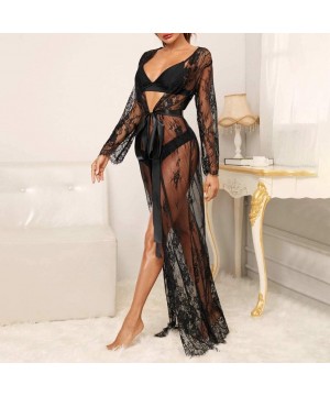 Nightgowns & Sleepshirts Women Lace Long Nightgown New Sexy Fashion Robe Sleepwear Underwear Lingerie with Satin Silk Belt Pa...