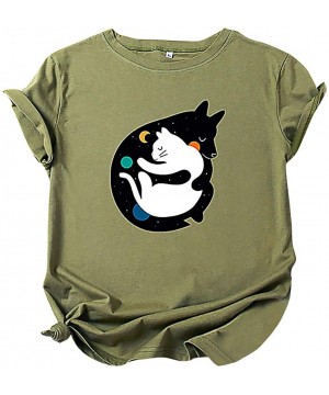 Robes Women's Cute Kitty Printing Short Sleeve O-Neck Casual T-Shirt Blouse Tops - Green - CT196SYE7N9