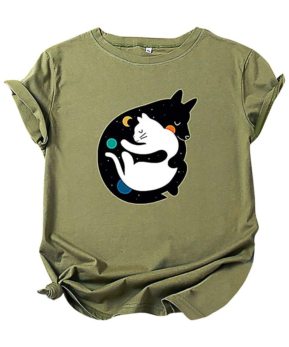 Robes Women's Cute Kitty Printing Short Sleeve O-Neck Casual T-Shirt Blouse Tops - Green - CT196SYE7N9