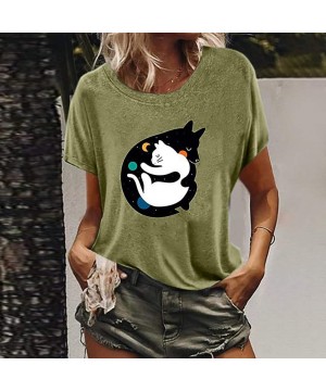 Robes Women's Cute Kitty Printing Short Sleeve O-Neck Casual T-Shirt Blouse Tops - Green - CT196SYE7N9