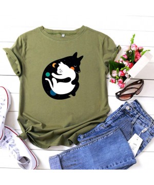 Robes Women's Cute Kitty Printing Short Sleeve O-Neck Casual T-Shirt Blouse Tops - Green - CT196SYE7N9