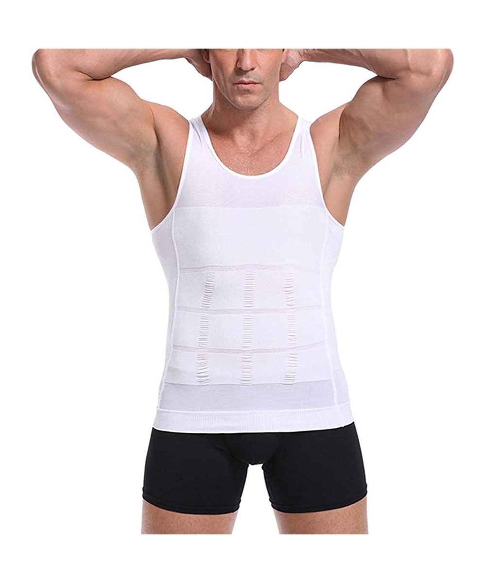 Shapewear Men's Body Shaper Vest T-Shirt Workout Tank Tops Compression Vest Sleeveless Abdomen Shapewear - White - CU19DI0DQRG