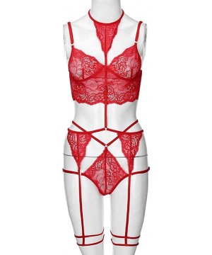 Bras Women New Sexy Underwear Lady Lace Flower Bra No Steel Ring Bra Thong Pajamas Set - Red - C41905SYZ2O