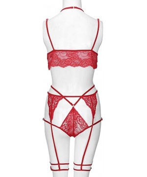 Bras Women New Sexy Underwear Lady Lace Flower Bra No Steel Ring Bra Thong Pajamas Set - Red - C41905SYZ2O