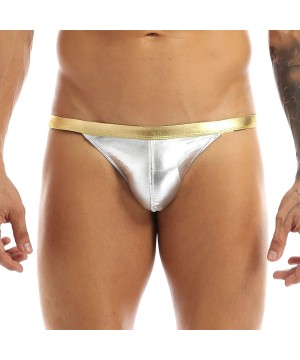 Briefs Men's Wet Look Faux Leather Bikini Briefs Swimsuit Underwear - Silver - C418HHHNYQL