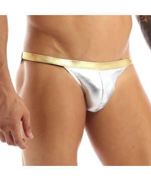 Briefs Men's Wet Look Faux Leather Bikini Briefs Swimsuit Underwear - Silver - C418HHHNYQL