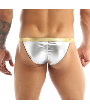 Briefs Men's Wet Look Faux Leather Bikini Briefs Swimsuit Underwear - Silver - C418HHHNYQL