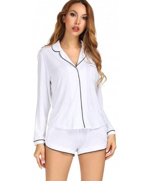 Sets Women's Sexy Sleepwear Long Sleeves Notch Collar Button Front Pajama Shorts Set Pajama Two Pieces - White - C618UU8S4NZ