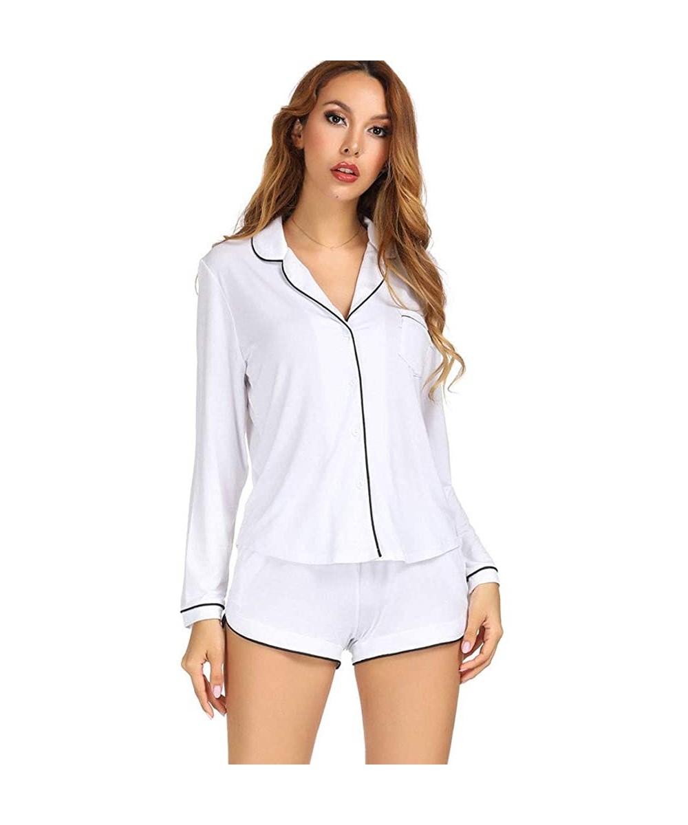 Sets Women's Sexy Sleepwear Long Sleeves Notch Collar Button Front Pajama Shorts Set Pajama Two Pieces - White - C618UU8S4NZ