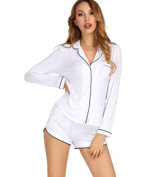 Sets Women's Sexy Sleepwear Long Sleeves Notch Collar Button Front Pajama Shorts Set Pajama Two Pieces - White - C618UU8S4NZ