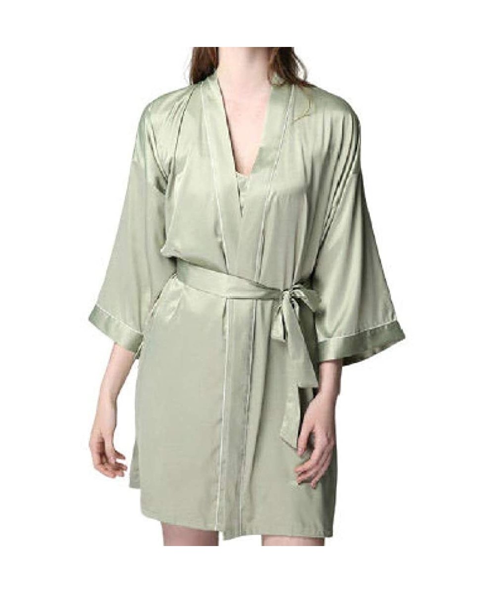 Tops Womens Mid-Length Regular Fit Satin Pure Color with Belt Pjs Sleepwear - 9 - C619877L5LI