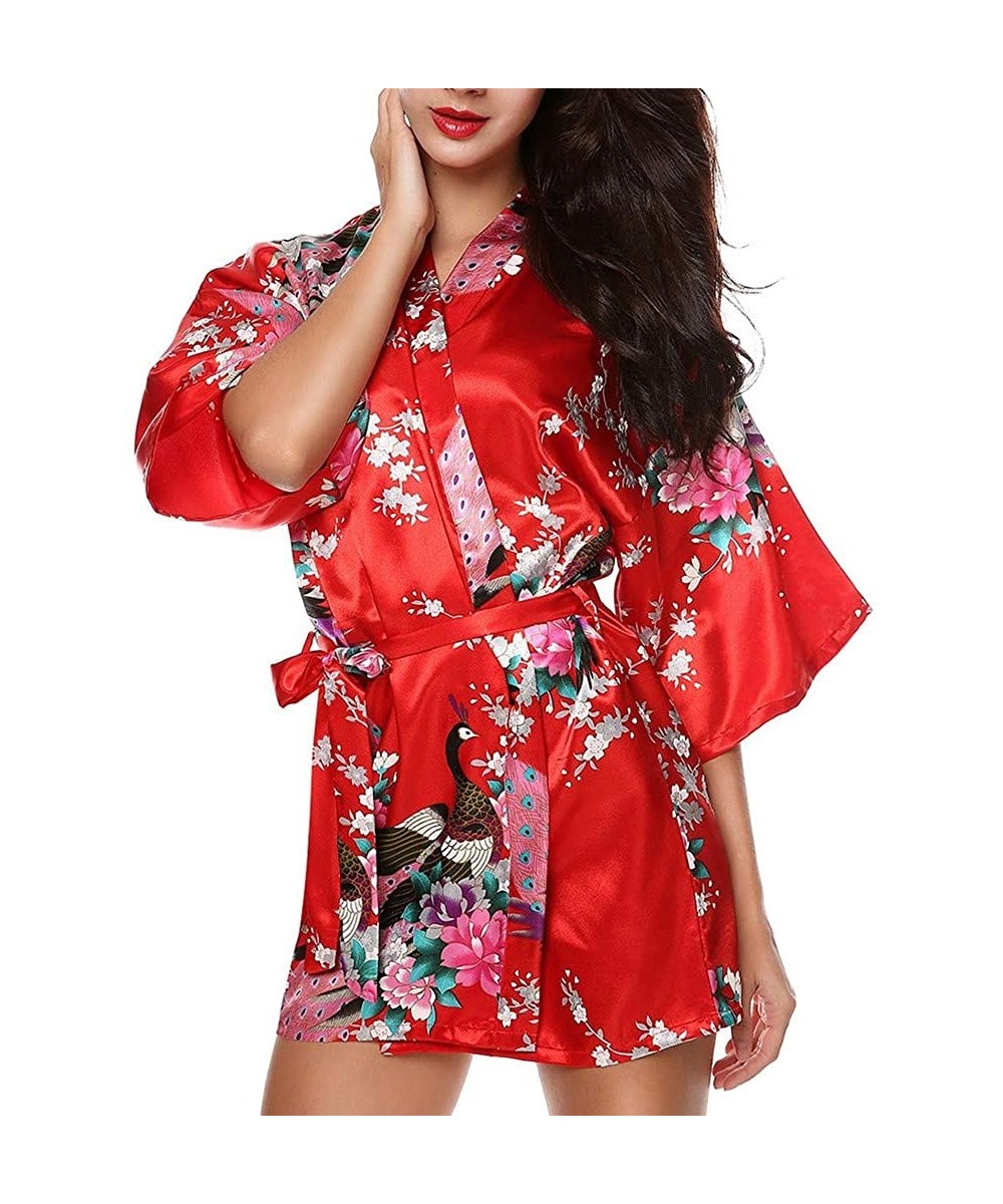 Robes Satin Floral Kimono Robes for Women Elegant Short Printing Peacock Silk Bathrobe for Party Wedding Bridal Tigivemen Red...