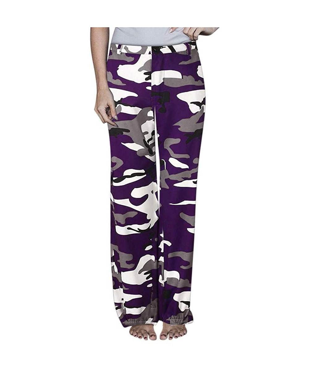 Bottoms Women High Waist Camouflage Print Wide Leg Pants Drawstring Lounge Palazzo Pants - Purple - CZ18WNSASXZ